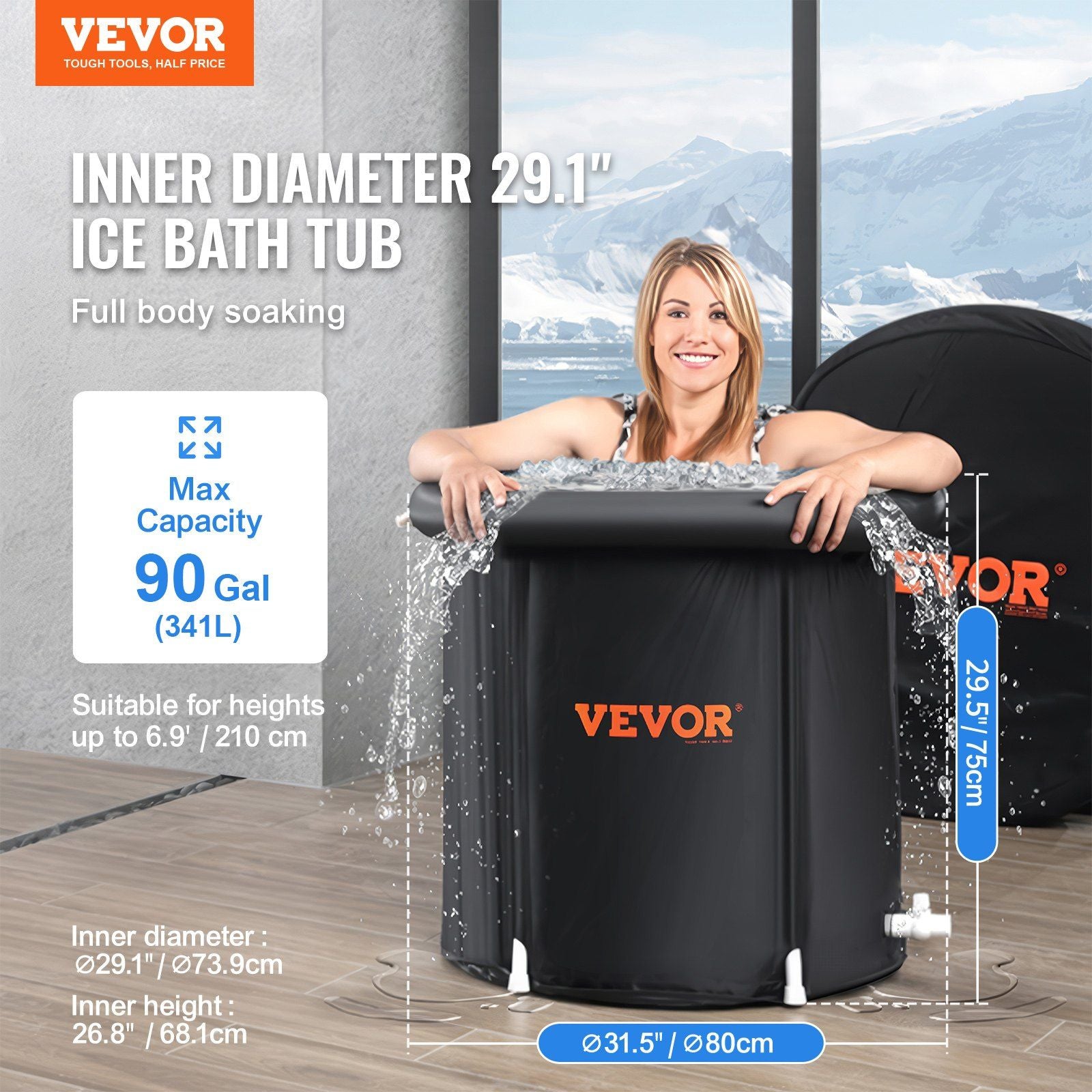Ice bath tub with full body soaking design, suitable for recovery and muscle relief, holding up to 90 gallons (341L).