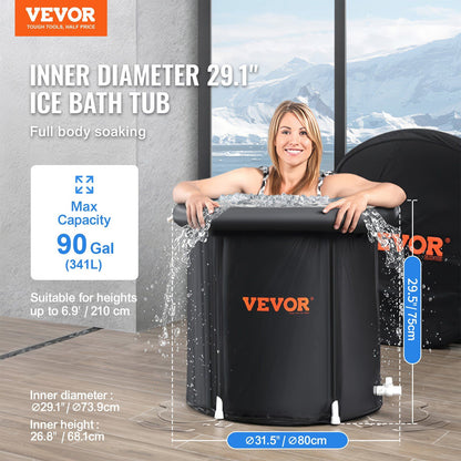 Ice bath tub with full body soaking design, suitable for recovery and muscle relief, holding up to 90 gallons (341L).