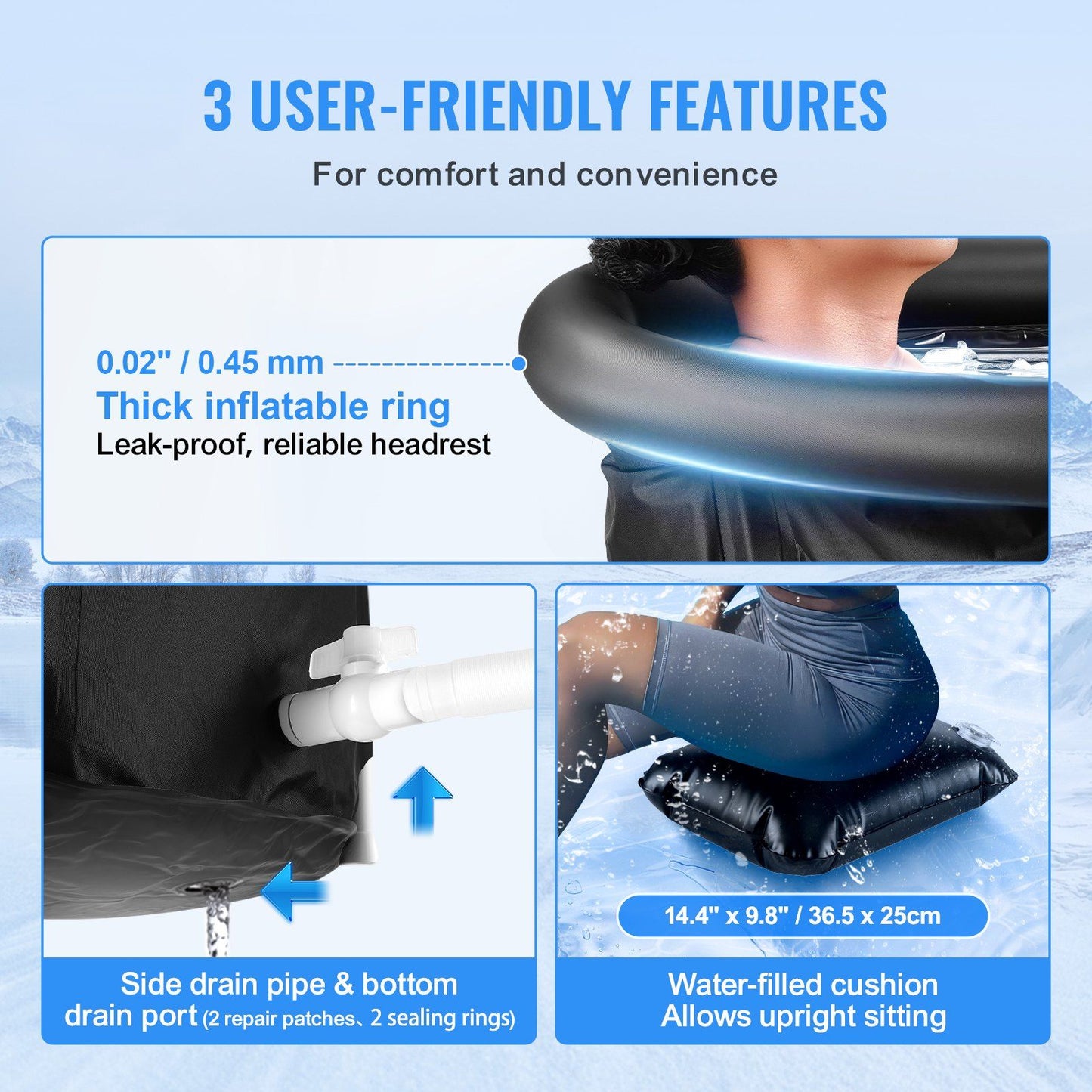Ice bath tub features highlighting user-friendly elements such as inflatable ring, drain port, and water-filled cushion.