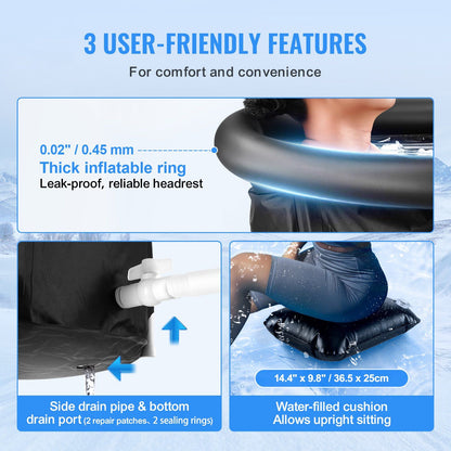 Ice bath tub features highlighting user-friendly elements such as inflatable ring, drain port, and water-filled cushion.