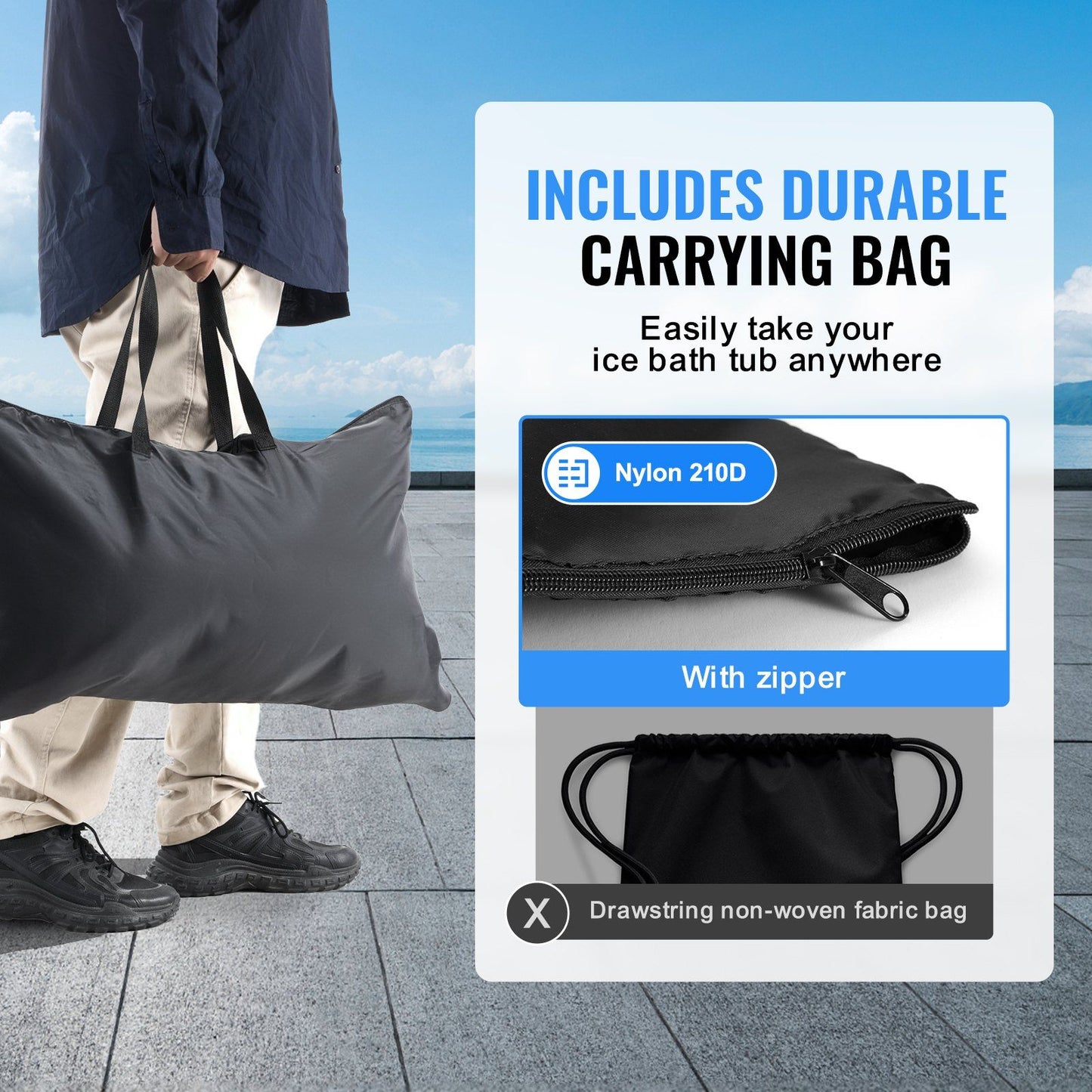 Includes durable carrying bag for ice bath tub, designed for easy transport and convenience on the go.
