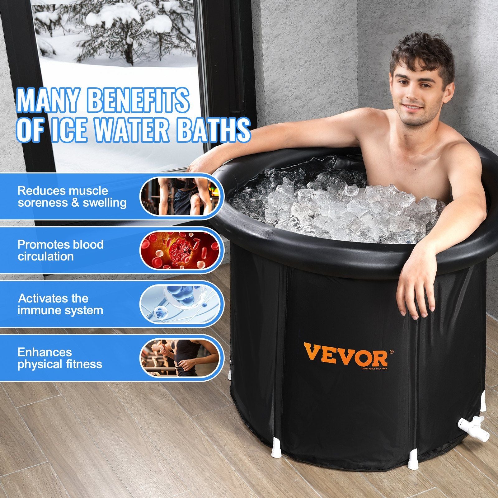 Ice bath tub being used for cold plunge therapy, promoting recovery and reducing muscle soreness and inflammation.